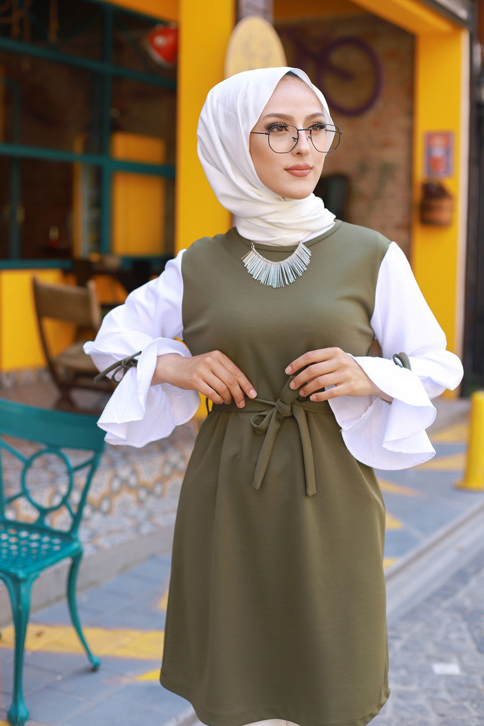 Düz Bisiklet Yaka Kadın Haki TUNIK - 3238 HAKİ