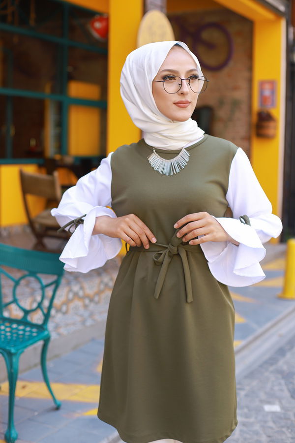 Düz Bisiklet Yaka Kadın Haki TUNIK - 3238 HAKİ