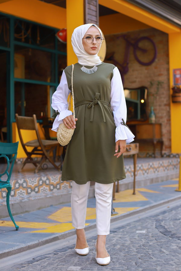 Düz Bisiklet Yaka Kadın Haki TUNIK - 3238 HAKİ