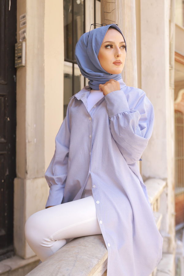 Düz Gömlek Yaka Kadın Mavi TUNIK - 3231