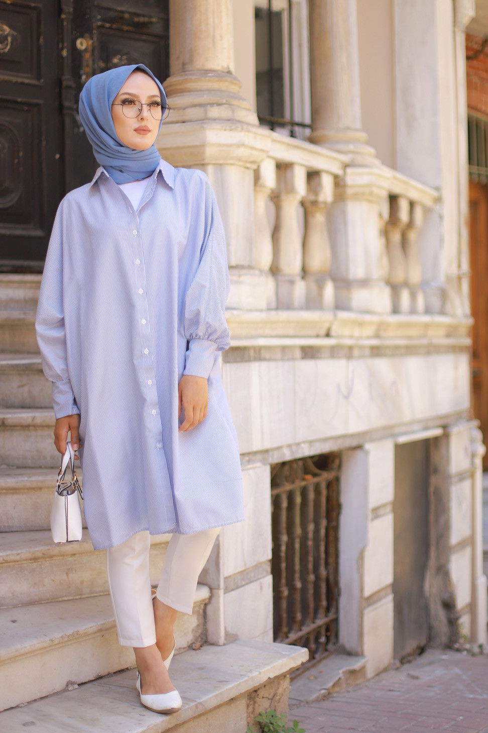 Düz Gömlek Yaka Kadın Mavi TUNIK - 3231
