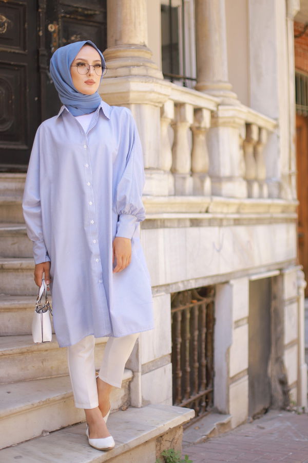 Düz Gömlek Yaka Kadın Mavi TUNIK - 3231