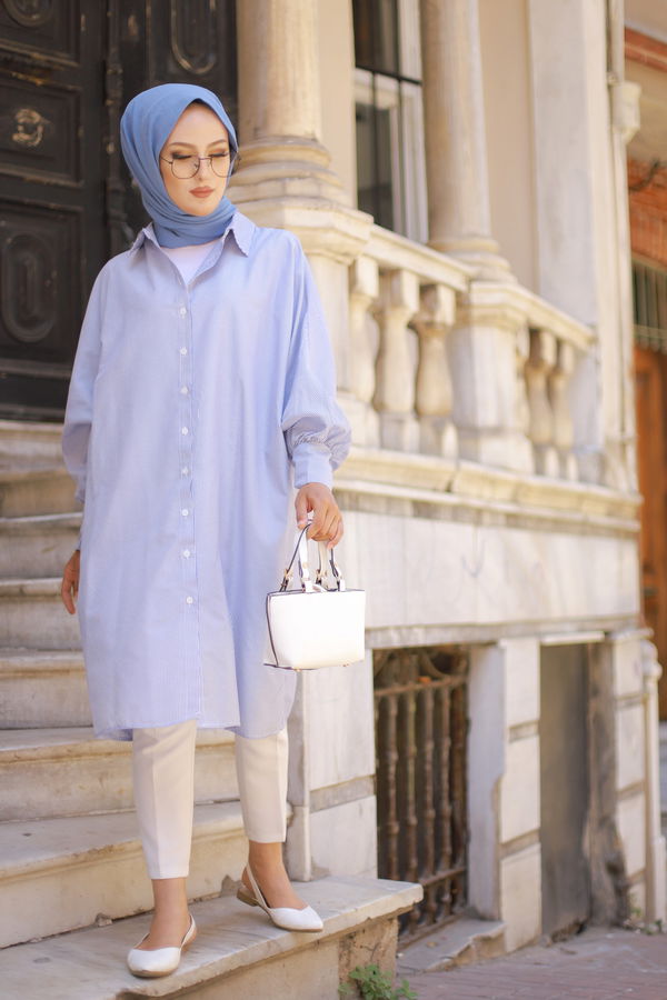 Düz Gömlek Yaka Kadın Mavi TUNIK - 3231