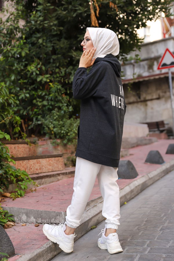 Düz Kapsonlu Yaka Kadın Antrasit KAPSONLU SWEAT - 3258 ANTRASİT