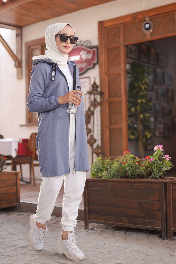 Düz Kapsonlu Yaka Kadın Lacivert Fermuarlı Hırka - 3038