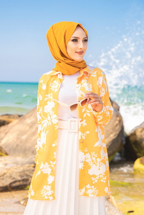 Düz Gömlek Yaka Kadın Sarı 9056 TUNIK - 9056 Sarı