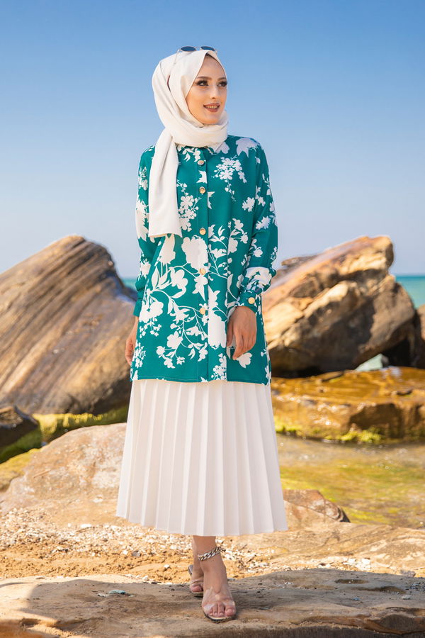 Düz Gömlek Yaka Kadın Yeşil 9056 TUNIK - 9056 YEŞİL