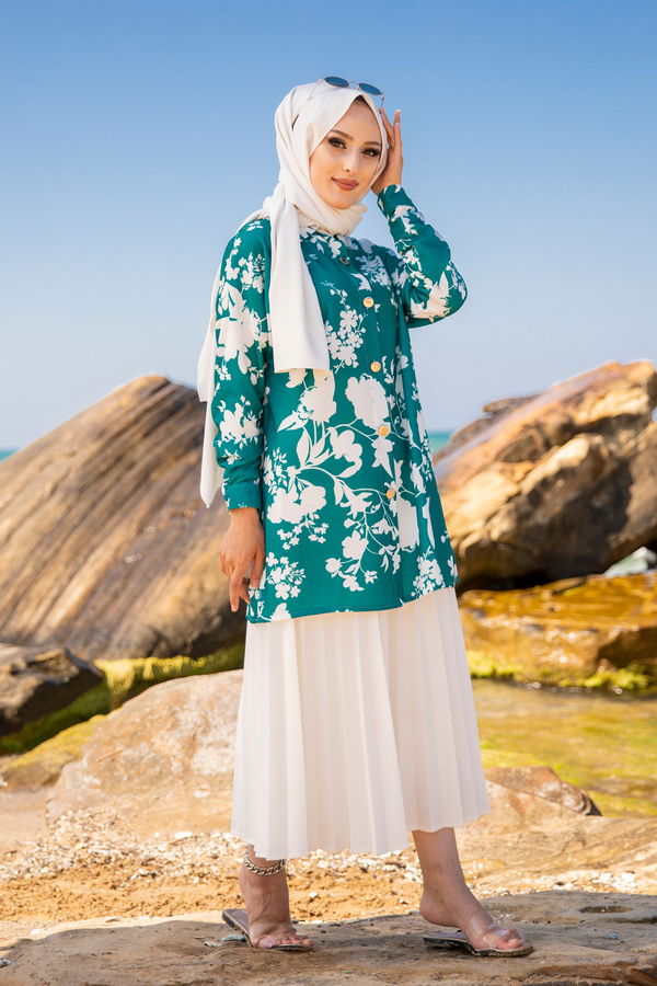 Düz Gömlek Yaka Kadın Yeşil 9056 TUNIK - 9056 YEŞİL