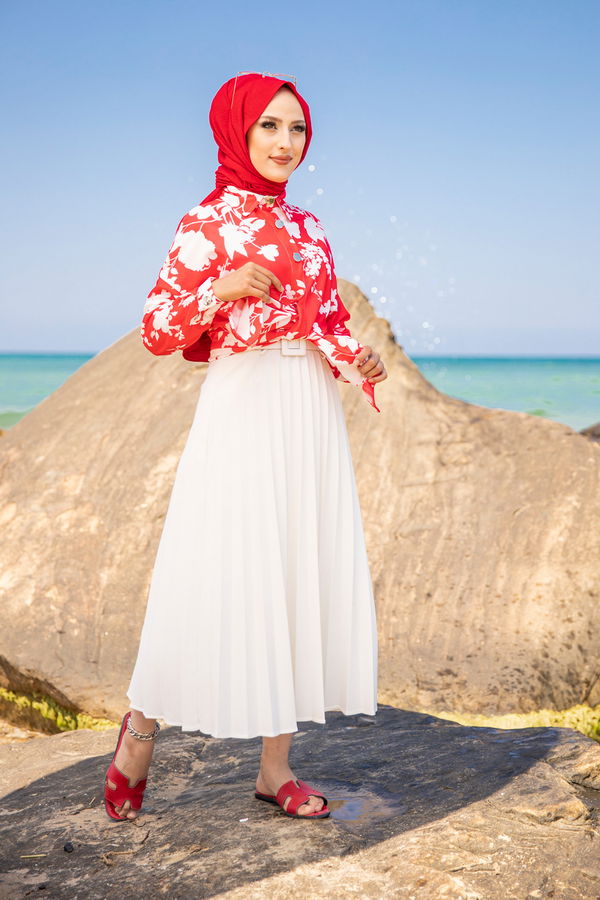 Düz Gömlek Yaka Kadın Kırmızı 9056 TUNIK - 9056 Kırmızı