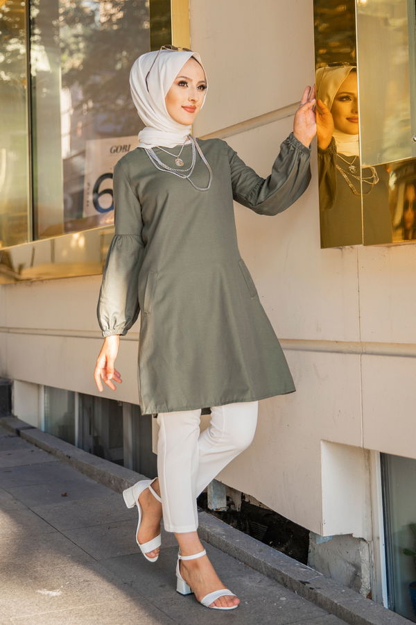 Düz Bisiklet Yaka Kadın Haki TUNIK - 3026 HAKİ