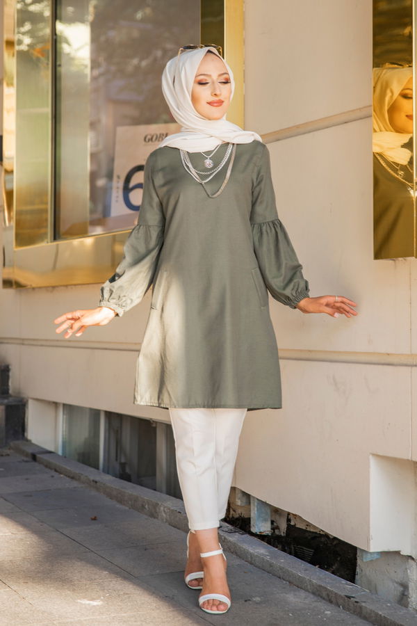 Düz Bisiklet Yaka Kadın Haki TUNIK - 3026 HAKİ