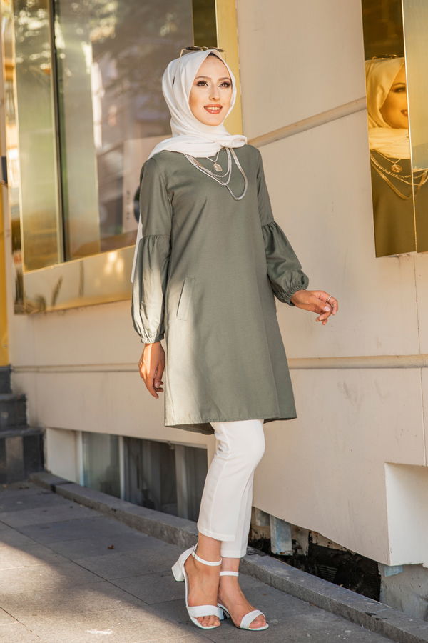 Düz Bisiklet Yaka Kadın Haki TUNIK - 3026 HAKİ