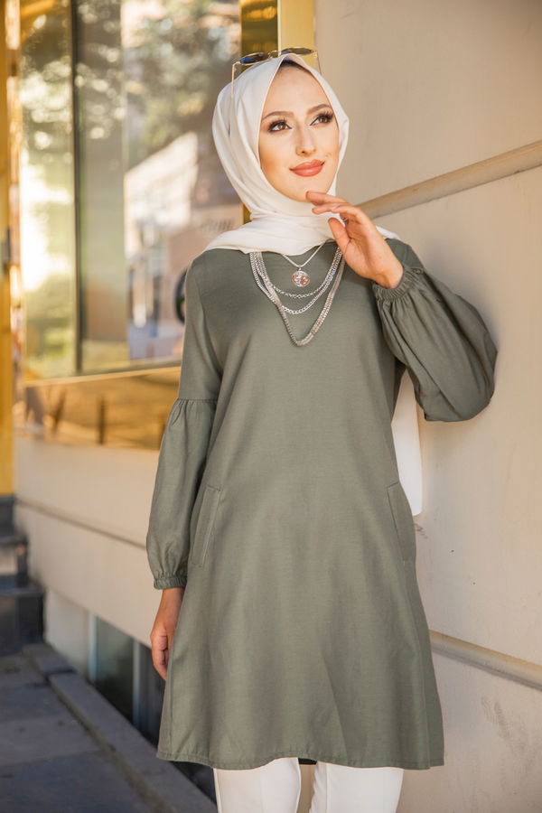 Düz Bisiklet Yaka Kadın Haki TUNIK - 3026 HAKİ