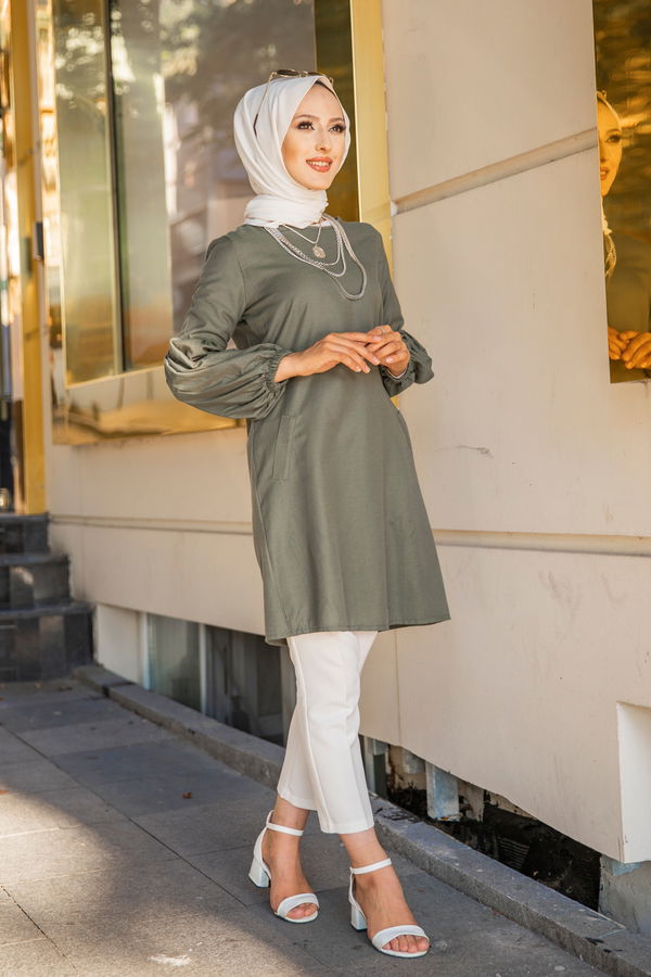 Düz Bisiklet Yaka Kadın Haki TUNIK - 3026 HAKİ