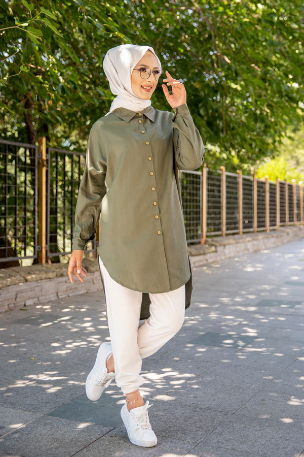 Düz Gömlek Yaka Kadın Haki Tunik - 3123 HAKİ