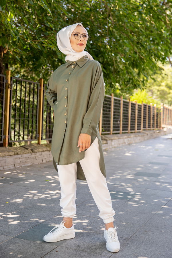 Düz Gömlek Yaka Kadın Haki Tunik - 3123 HAKİ
