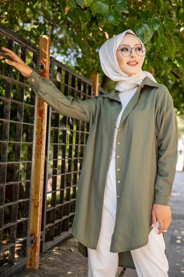 Düz Gömlek Yaka Kadın Haki Tunik - 3123 HAKİ