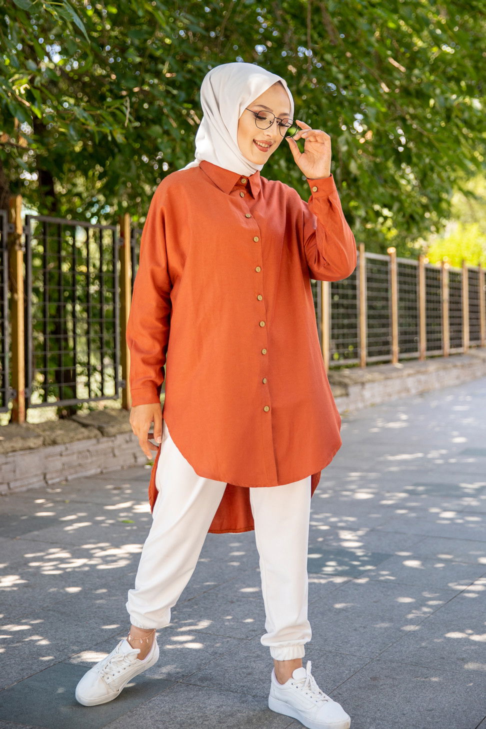 Düz Gömlek Yaka Kadın Kiremit Tunik - 3123 KİREMİT
