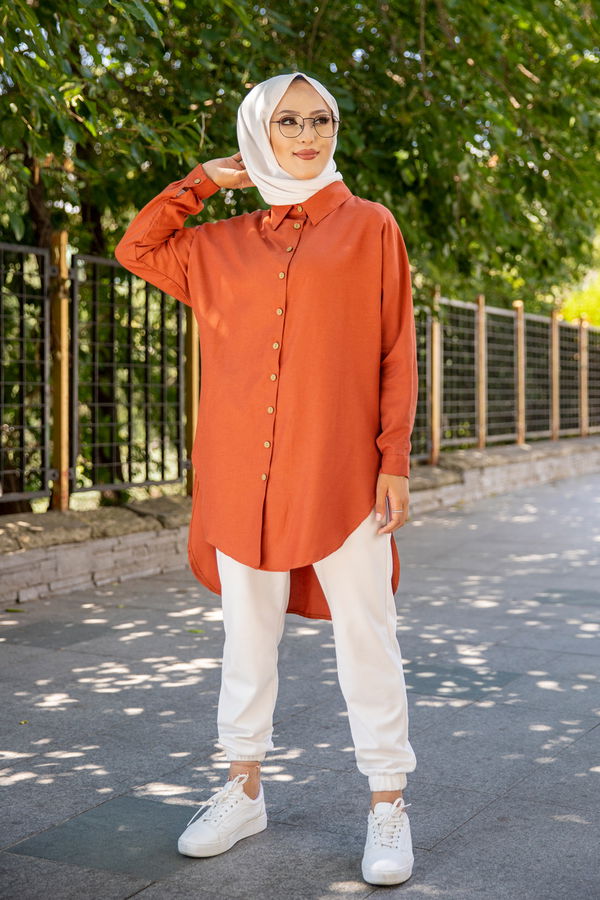 Düz Gömlek Yaka Kadın Kiremit Tunik - 3123 KİREMİT
