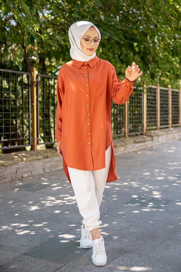 Düz Gömlek Yaka Kadın Kiremit Tunik - 3123 KİREMİT