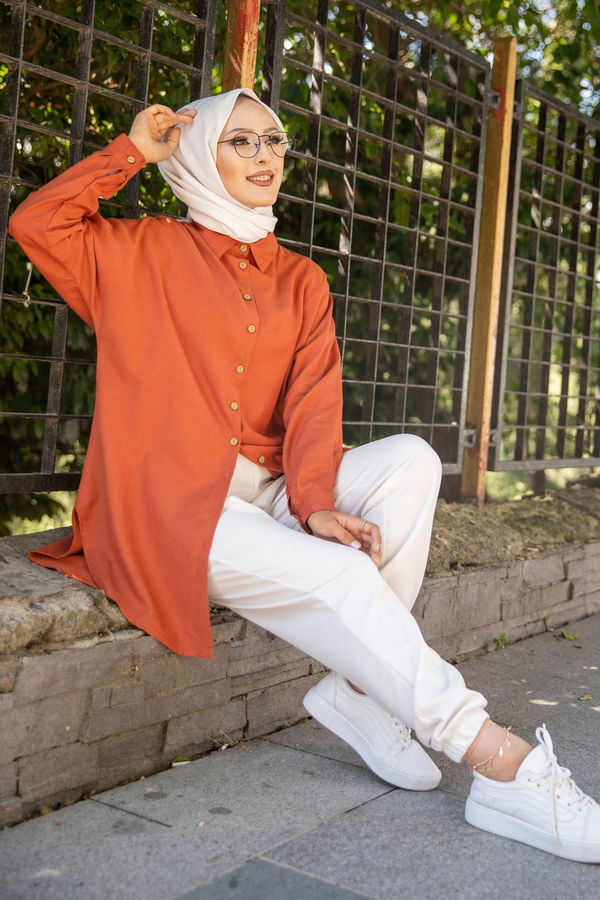 Düz Gömlek Yaka Kadın Kiremit Tunik - 3123 KİREMİT