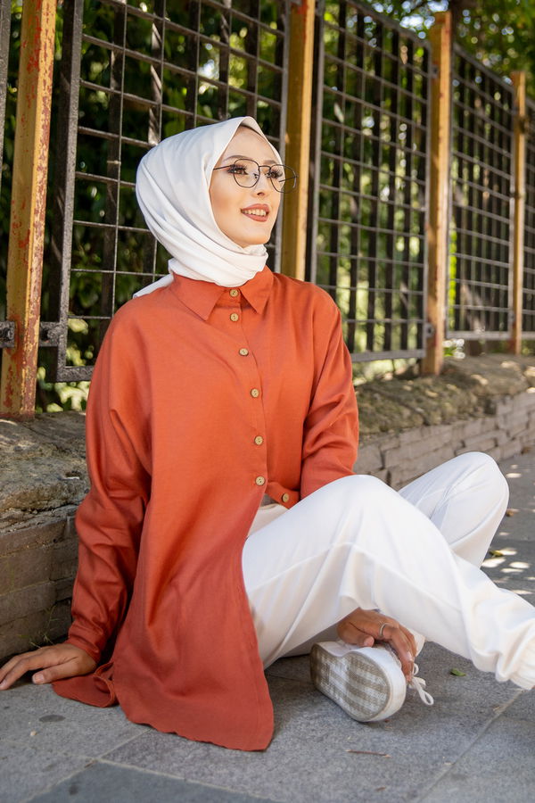 Düz Gömlek Yaka Kadın Kiremit Tunik - 3123 KİREMİT