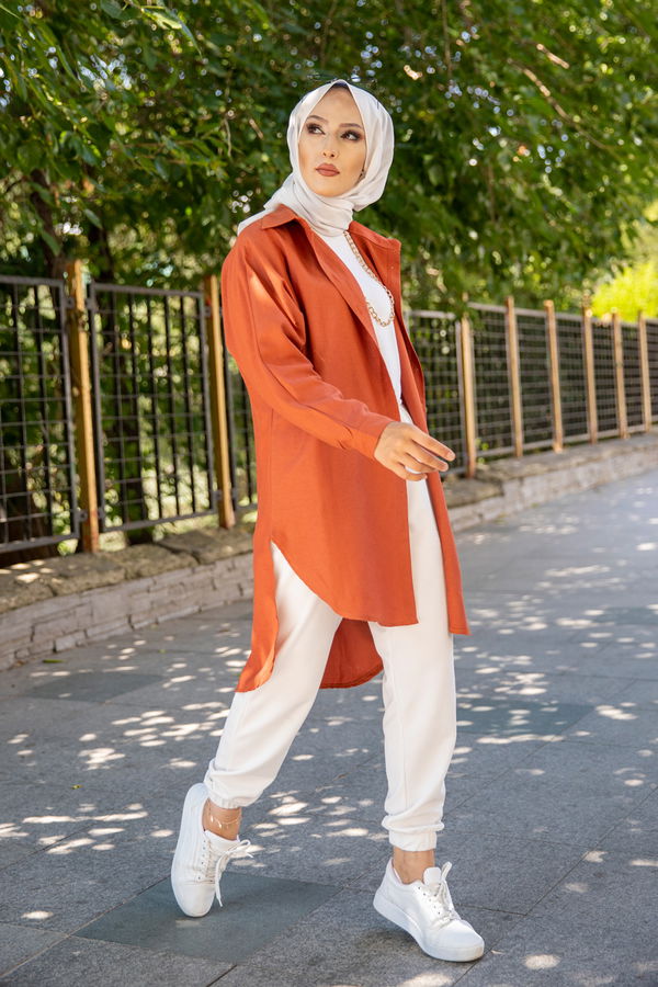 Düz Gömlek Yaka Kadın Kiremit Tunik - 3123 KİREMİT