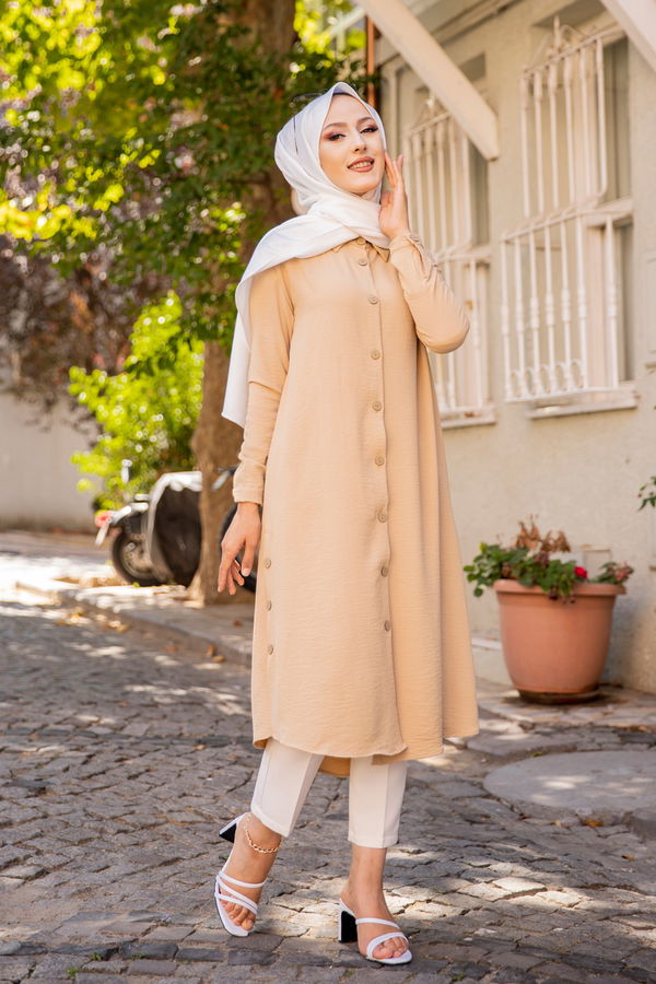 Düz Gömlek Yaka Kadın Bej TUNIK - 3253 BEJ