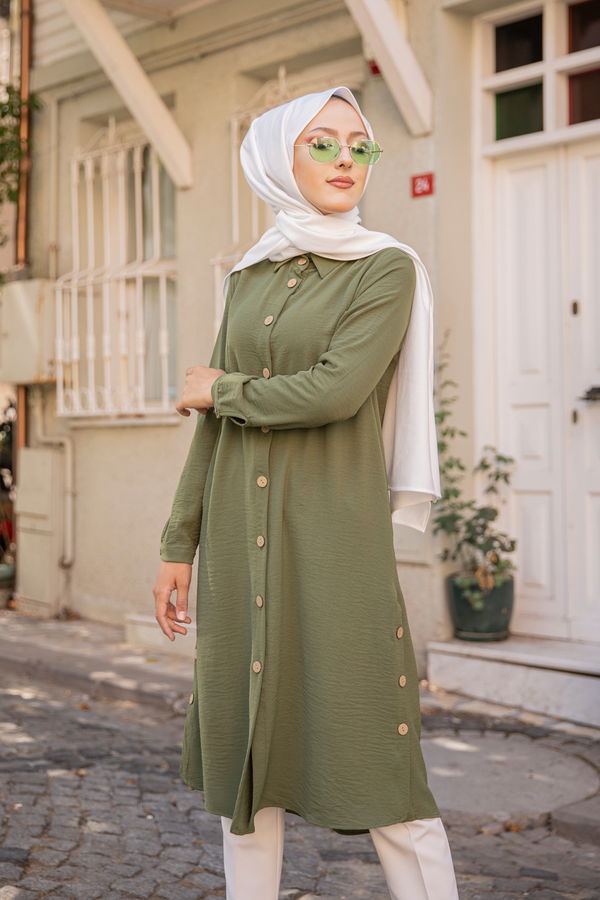 Düz Gömlek Yaka Kadın Haki TUNIK - 3253