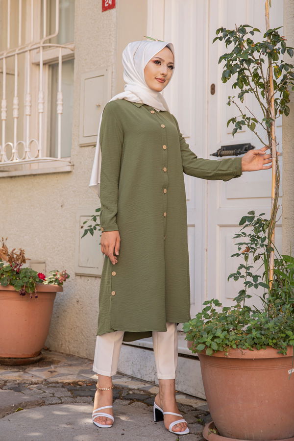 Düz Gömlek Yaka Kadın Haki TUNIK - 3253