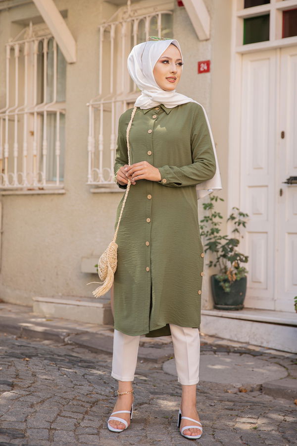 Düz Gömlek Yaka Kadın Haki TUNIK - 3253