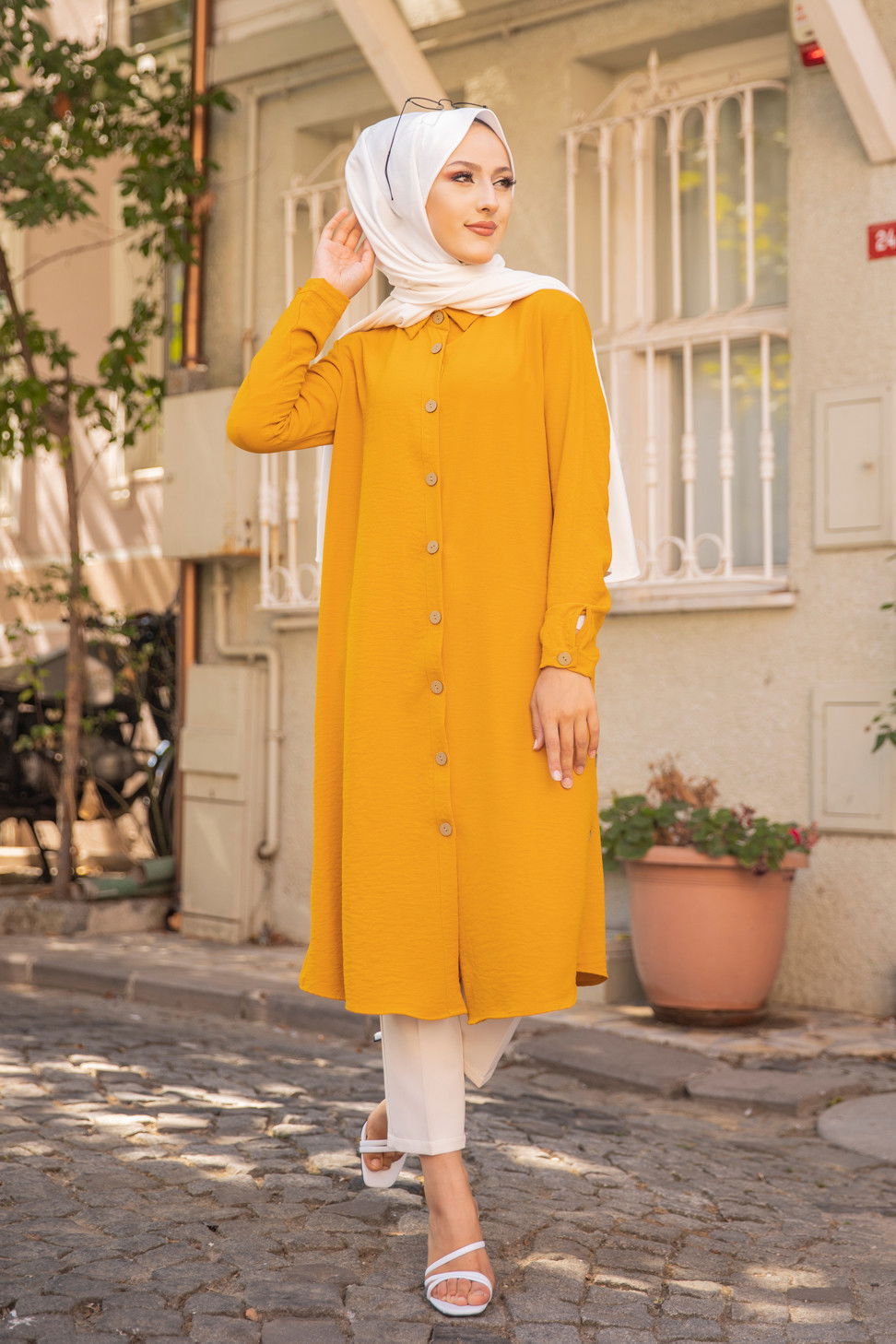 Düz Gömlek Yaka Kadın Sarı TUNIK - 3253 Sarı