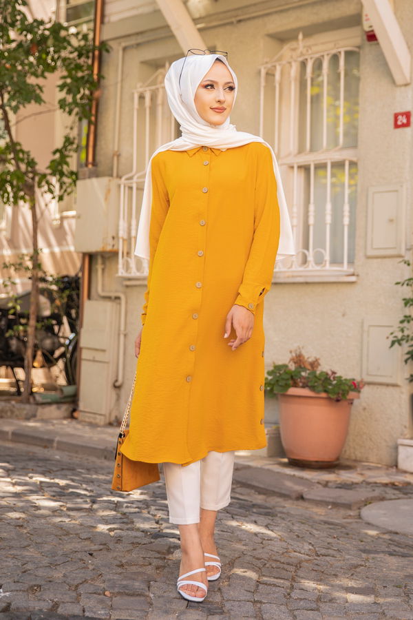 Düz Gömlek Yaka Kadın Sarı TUNIK - 3253 Sarı