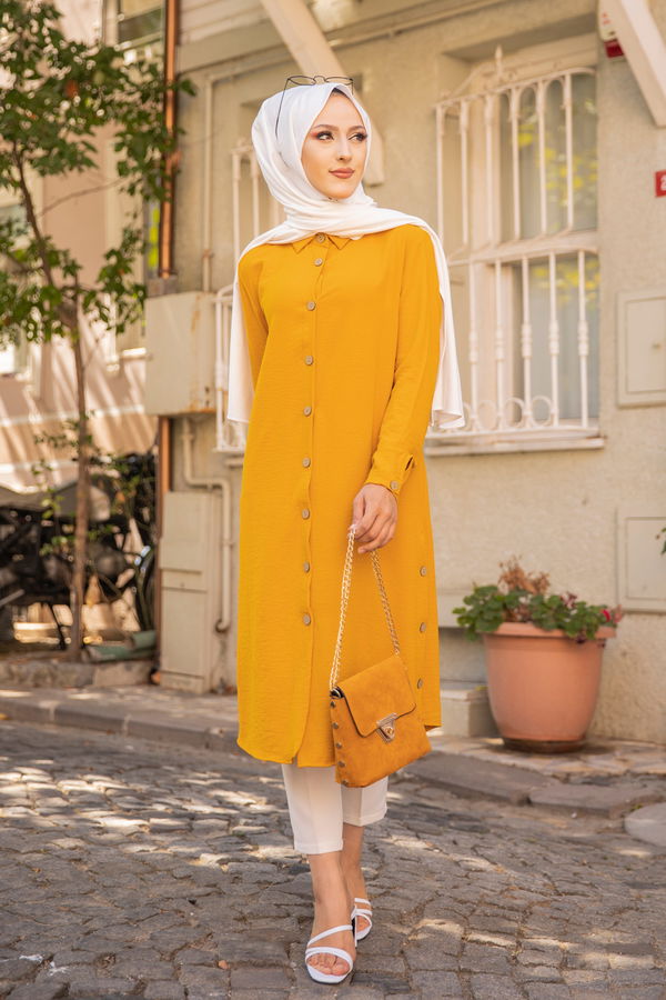 Düz Gömlek Yaka Kadın Sarı TUNIK - 3253 Sarı