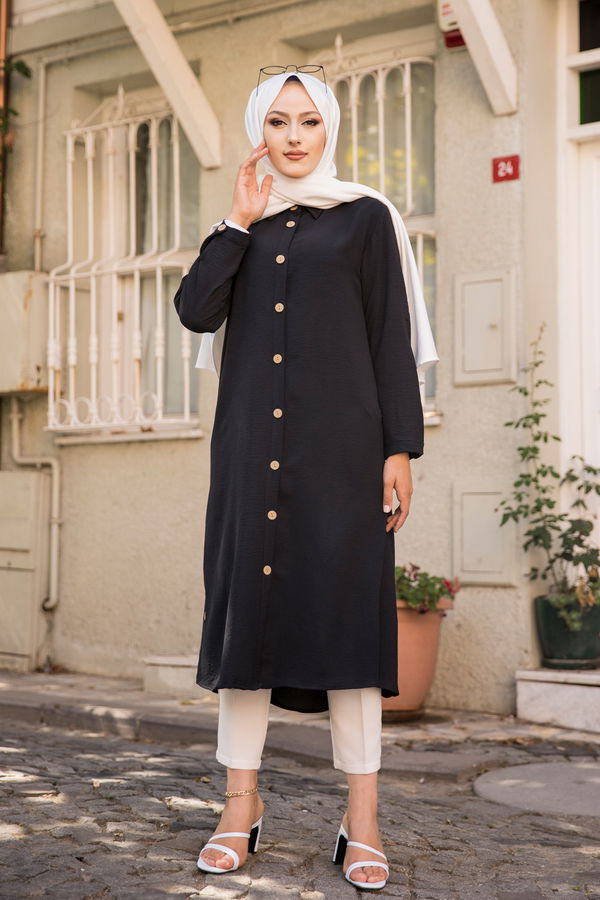 Düz Gömlek Yaka Kadın Siyah TUNIK - 3253 SİYAH