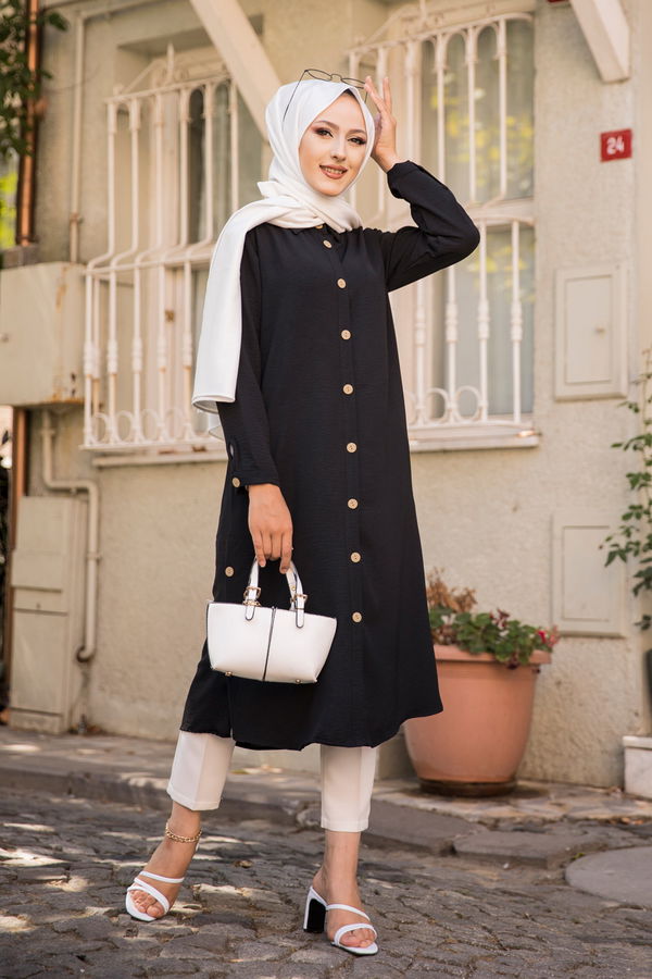 Düz Gömlek Yaka Kadın Siyah TUNIK - 3253 SİYAH