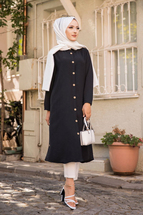 Düz Gömlek Yaka Kadın Siyah TUNIK - 3253 SİYAH