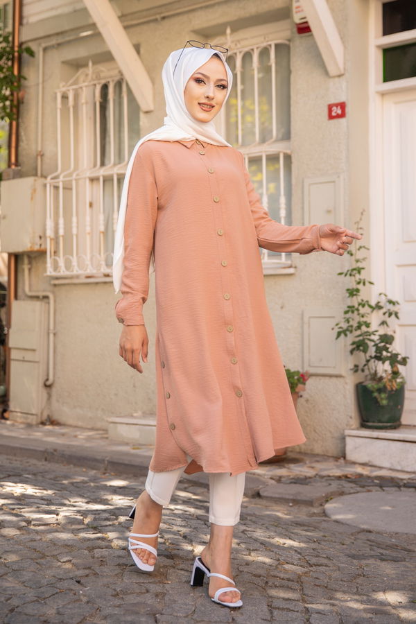 Düz Gömlek Yaka Kadın Vizon TUNIK - 3253 VİZON