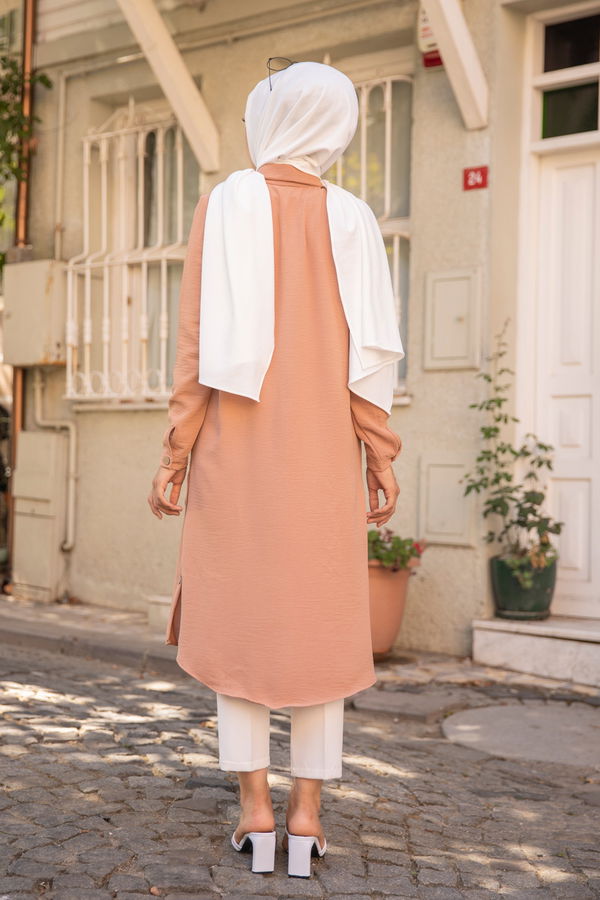 Düz Gömlek Yaka Kadın Vizon TUNIK - 3253 VİZON