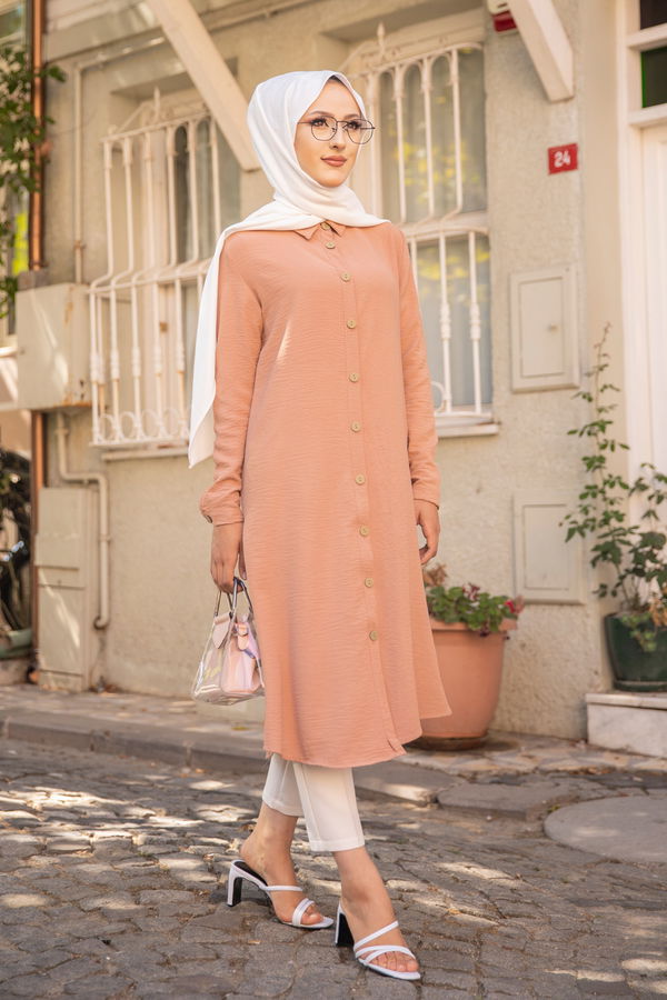 Düz Gömlek Yaka Kadın Vizon TUNIK - 3253 VİZON