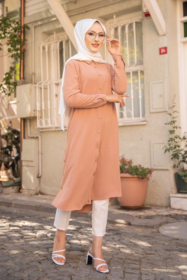 Düz Gömlek Yaka Kadın Vizon TUNIK - 3253 VİZON
