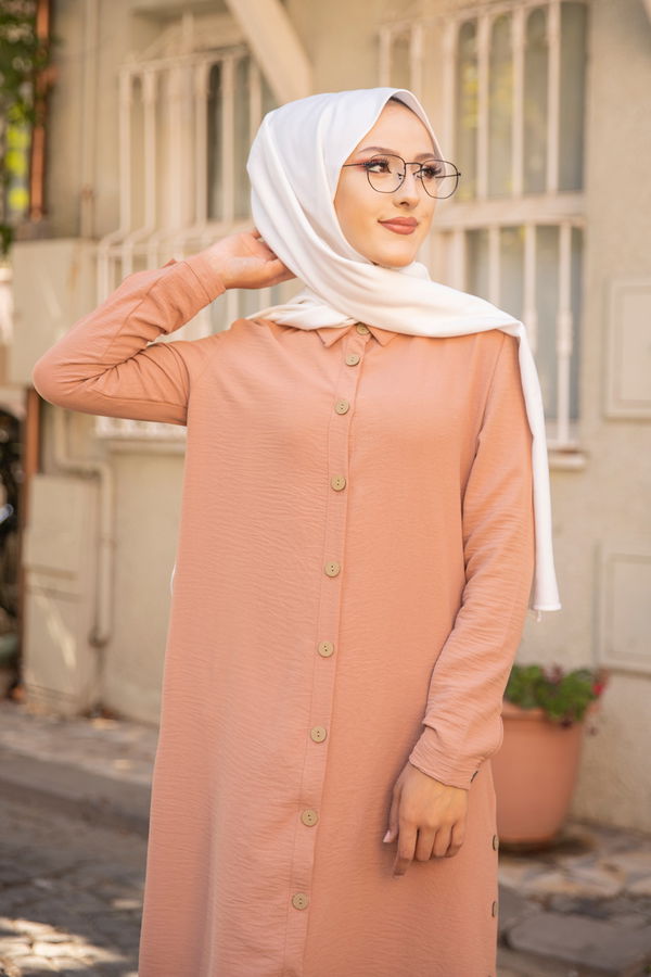 Düz Gömlek Yaka Kadın Vizon TUNIK - 3253 VİZON