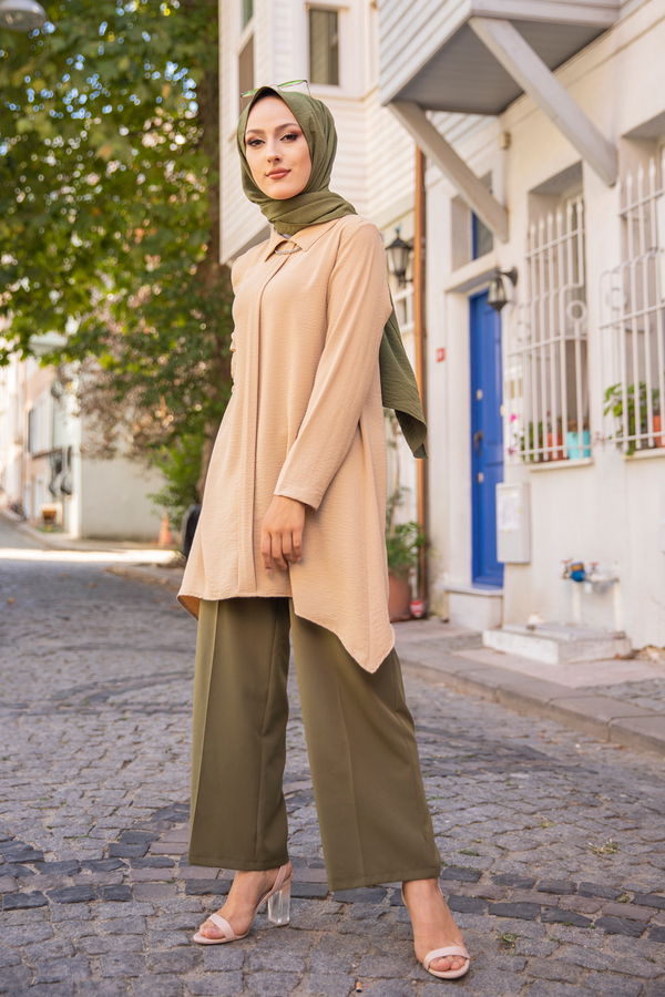 Düz Gömlek Yaka Kadın Bej TUNIK - 3256 BEJ