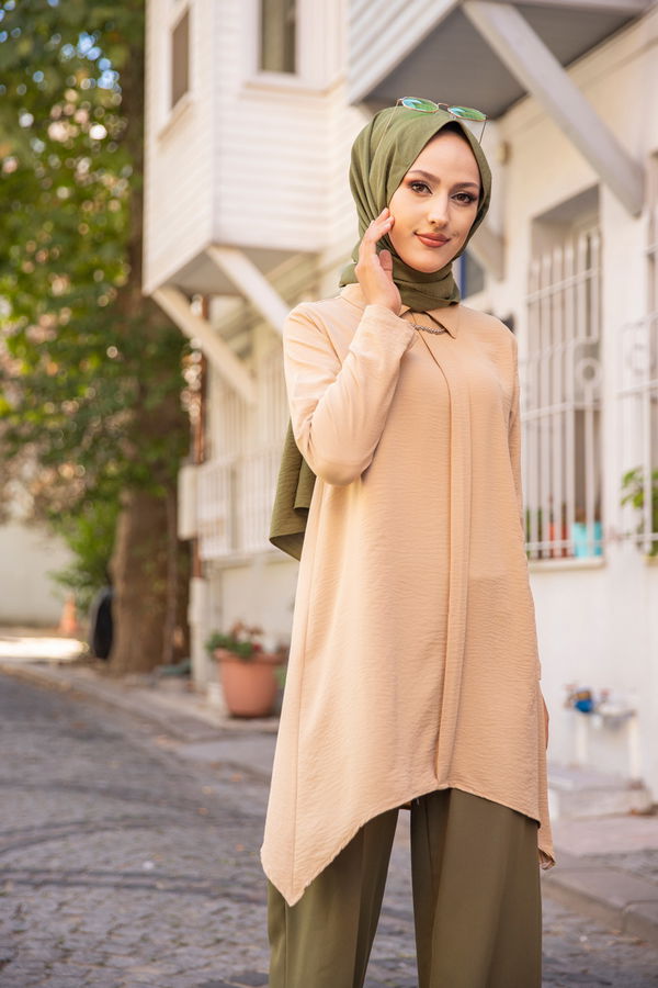 Düz Gömlek Yaka Kadın Bej TUNIK - 3256 BEJ