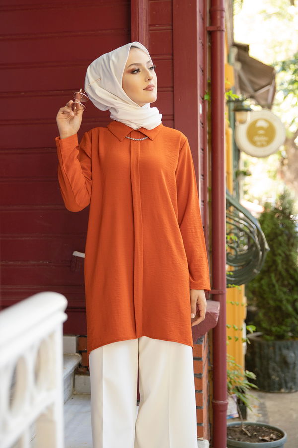 Düz Gömlek Yaka Kadın Kiremit TUNIK - 3256 KİREMİT