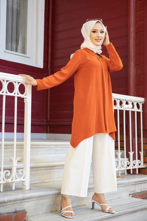 Düz Gömlek Yaka Kadın Kiremit TUNIK - 3256 KİREMİT