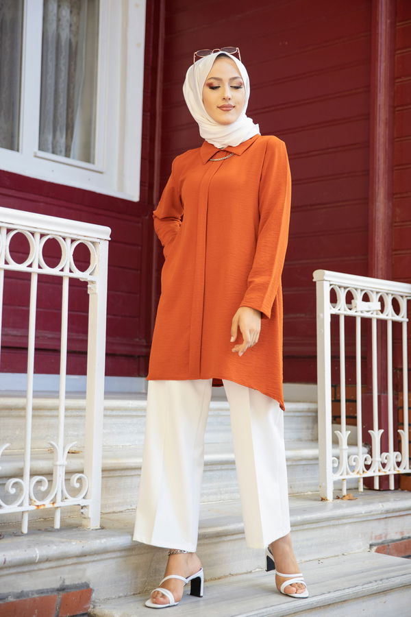 Düz Gömlek Yaka Kadın Kiremit TUNIK - 3256 KİREMİT