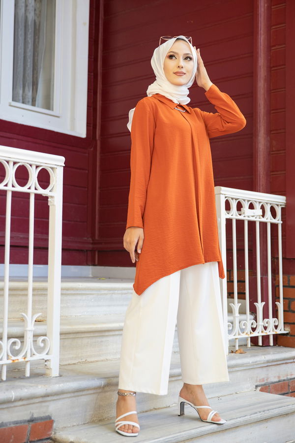 Düz Gömlek Yaka Kadın Kiremit TUNIK - 3256 KİREMİT