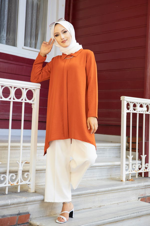 Düz Gömlek Yaka Kadın Kiremit TUNIK - 3256 KİREMİT