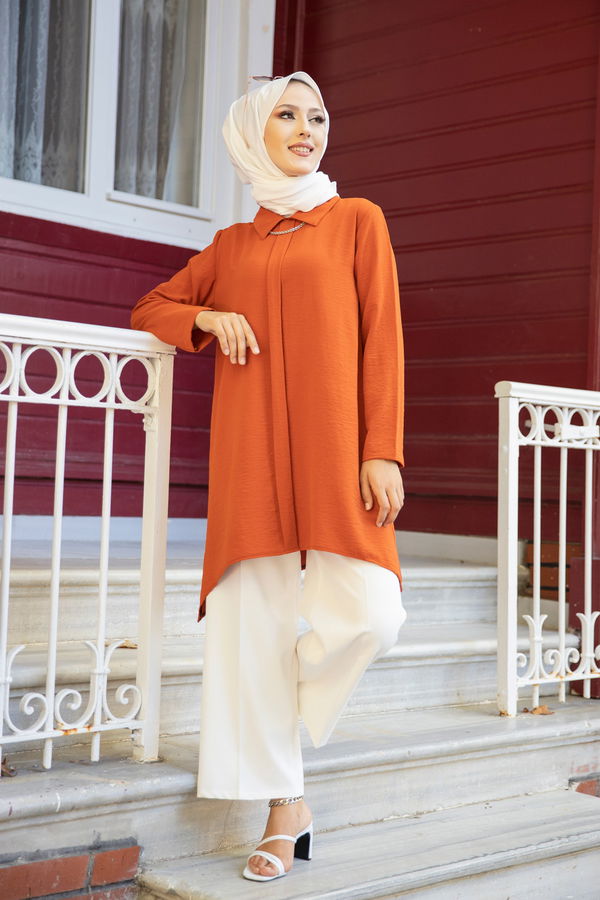Düz Gömlek Yaka Kadın Kiremit TUNIK - 3256 KİREMİT